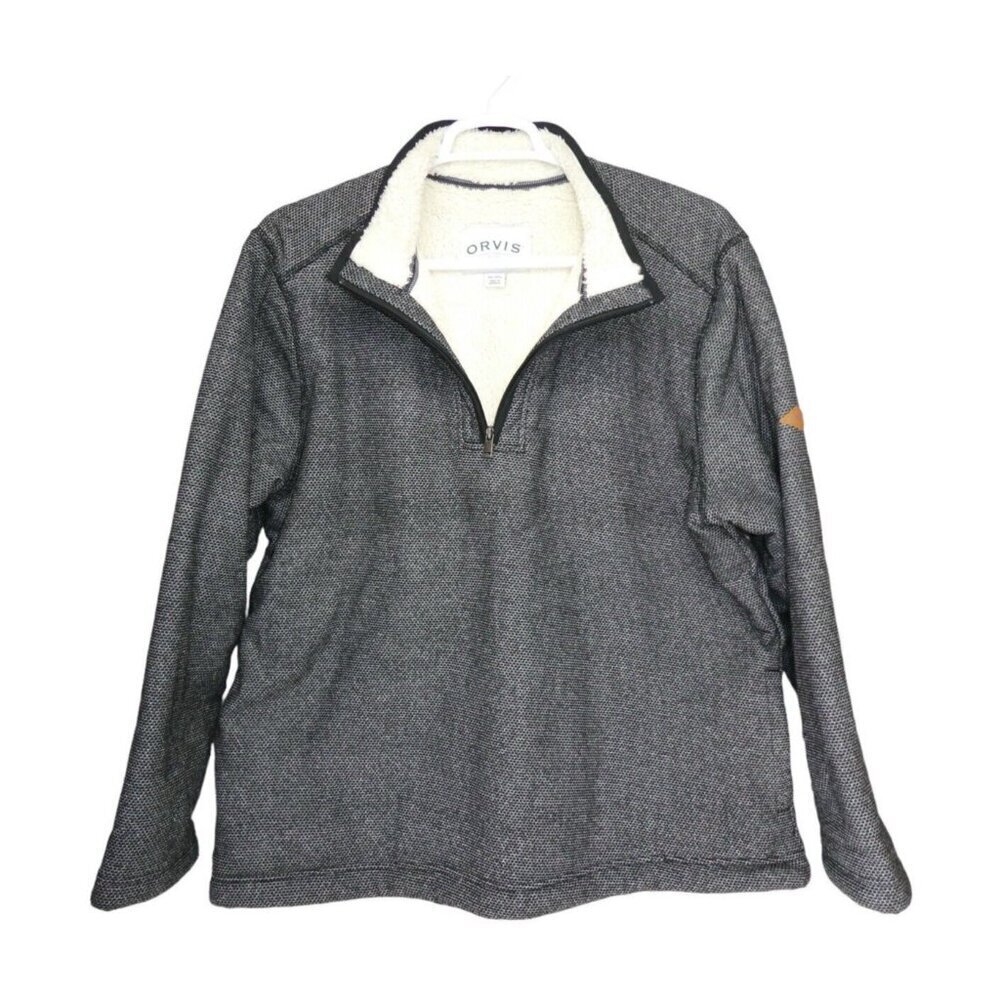 Orvis Sherpa Lined Gray Pullover 1/4 Zip Knit Sweater Jacket Men's 2XL XXL‎